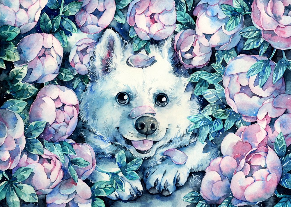Original Painting - Samoyed Surrounded by Flowers